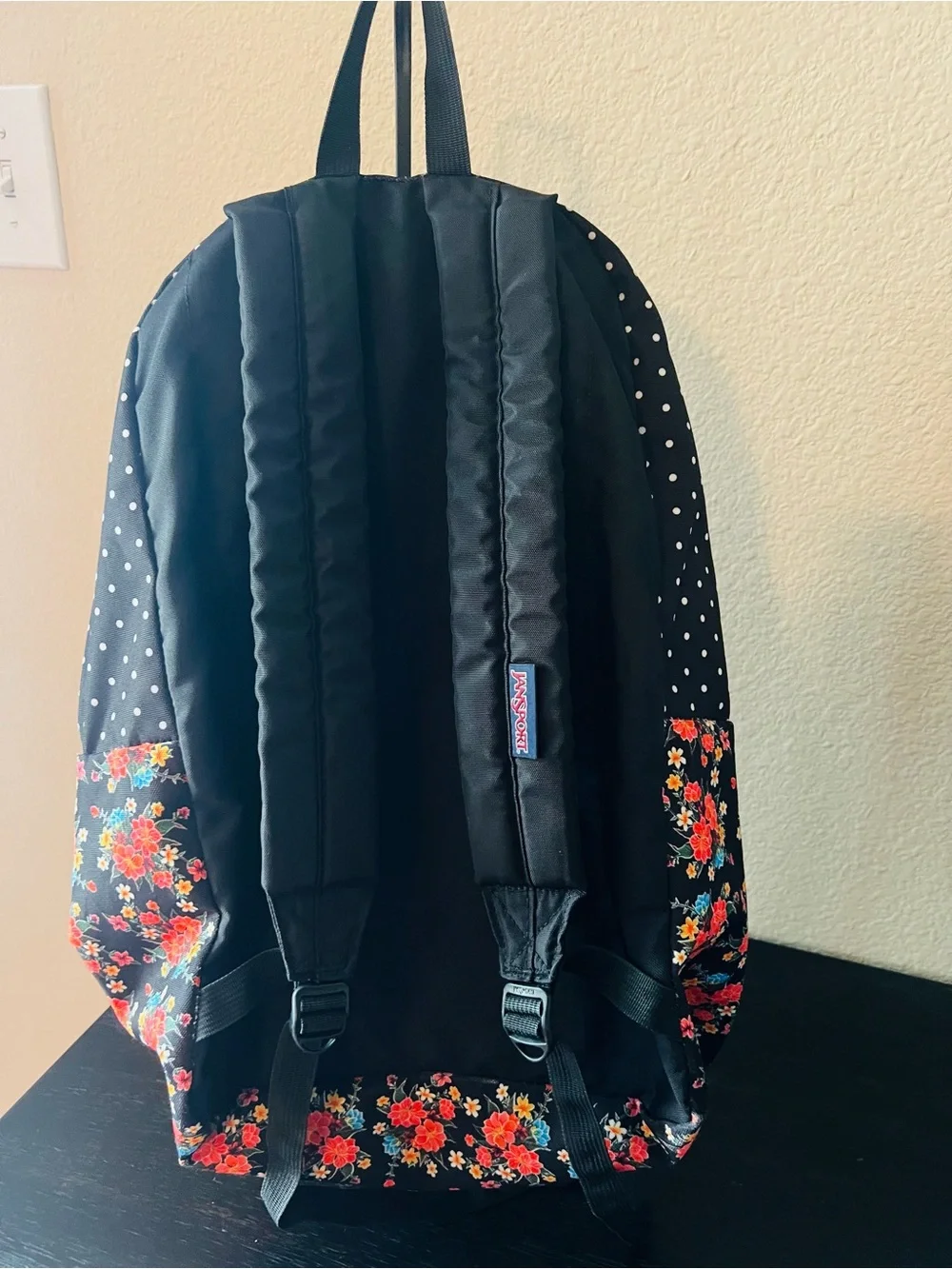 Jansport Superbreak Floral Backpack Black with Red & Pink Floral Accents